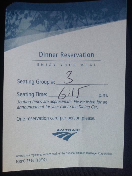 Reservation card for meals in the dining car