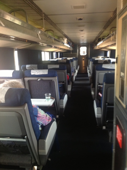 The general seating area on the top level of the Southwest Chief Amtrak train
